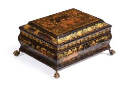 A REGENCY BLACK LACQUER AND GILT JAPANNED WORK BOX, CIRCA 1815