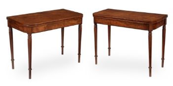 A PAIR OF LATE GEORGE III MAHOGANY AND EBONISED STRUNG TEA TABLES, CIRCA 1810