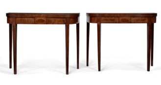 A PAIR OF GEORGE III MAHOGANY AND PARTRIDGEWOOD BANDED FOLDING CARD TABLES, CIRCA 1790