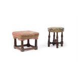 A QUEEN ANNE OAK CIRCULAR STOOL, CIRCA 1710, TOGETHER WITH AN OAK STOOL, LATE 17TH CENTURY