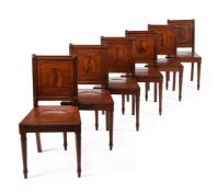 A SET OF SIX GEORGE III MAHOGANY HALL CHAIRS, ATTRIBUTED TO GILLOWS, CIRCA 1800