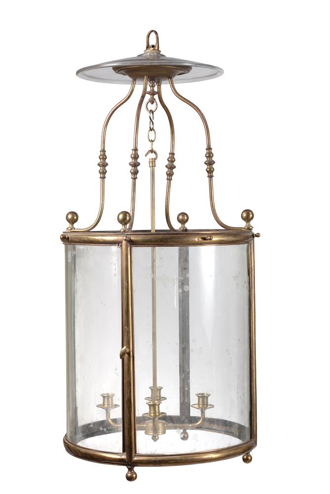 A BRASS AND GLASS HALL LANTERN, EARLY 19TH CENTURY