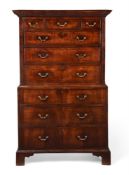 A GEORGE II WALNUT AND LINE INLAID CHEST ON CHEST, CIRCA 1740