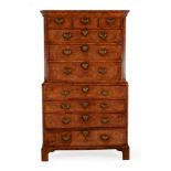 A GEORGE I BURR WALNUT SECRETAIRE CHEST ON CHEST, CIRCA 1720