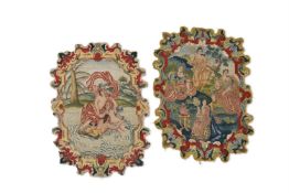 A PAIR OF SHAPED NEEDLEWORK PANELS, MID 18TH CENTURY