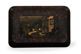 A REGENCY BLACK LACQUER AND GILT CHINOISERIE DECORATED PAPIER MACHE TRAY, CIRCA 1815