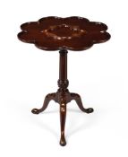 Y A GEORGE II MAHOGANY, BRASS AND MOTHER OF PEARL INLAID TRIPOD TABLE, ATTRIBUTED TO FREDERICK HINTZ