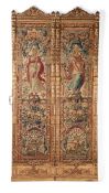A CARVED GILTWOOD FOUR-FOLD SCREEN WITH FLEMISH TAPESTRY PANELS