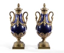 A PAIR OF FRENCH ORMOLU MOUNTED BLUE GLAZE VASES IN THE LOUIS XVI STYLE, 20TH CENTURY