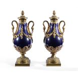 A PAIR OF FRENCH ORMOLU MOUNTED BLUE GLAZE VASES IN THE LOUIS XVI STYLE, 20TH CENTURY
