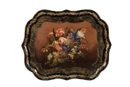 A VICTORIAN PAINTED AND GILT DECORATED PAPIER-MACHE TRAY, MID 19TH CENTURY
