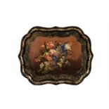 A VICTORIAN PAINTED AND GILT DECORATED PAPIER-MACHE TRAY, MID 19TH CENTURY