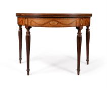 Y A GEORGE III SATINWOOD, TULIPWOOD, MAHOGANY AND MARQUETRY FOLDING DEMI-LUNE CARD TABLE, CIRCA 1790