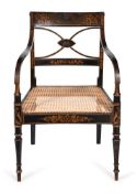 A REGENCY PAINTED AND PARCEL GILT OPEN ARMCHAIR, IN THE MANNER OF JOHN GEE, CIRCA 1815