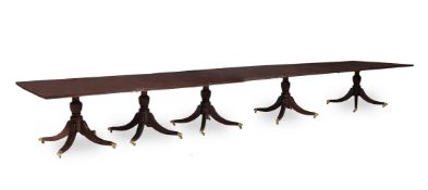 A MAHOGANY AND LINE INLAID FIVE PILLAR DINING TABLE, IN GEORGE III STYLE