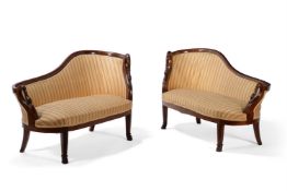 A PAIR OF LOUIS PHILIPPE MAHOGANY AND UPHOLSTERED SOFAS, CIRCA 1830