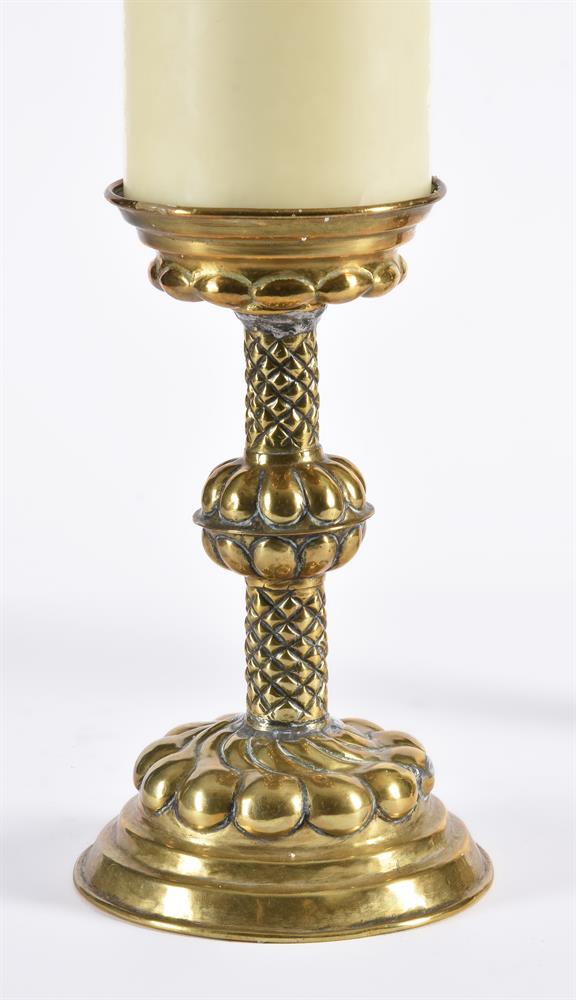 A PAIR OF EMBOSSED BRASS CANDLESTICKS, IN THE 17TH CENTURY STYLE - Image 3 of 3