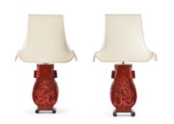 A PAIR OF CHINESE CHINEBAR LACQUER LAMPS, MODERN