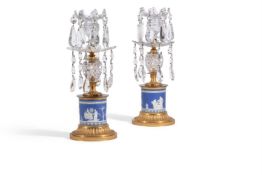 A PAIR OF LATE GEORGE III ORMOLU, CUT GLASS AND JASPER WARE MOUNTED CANDLE LUSTRES