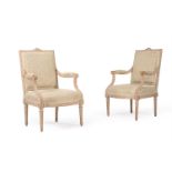 A PAIR OF LOUIS XVI CARVED BEECH AND CREAM PAINTED FAUTEUILS, LATE 18TH CENTURY