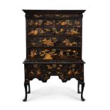 A GEORGE I BLACK LACQUER AND GILT CHINOISERIE DECORATED CHEST ON STAND, CIRCA 1720