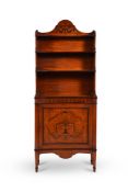 Y A SHERATON REVIVAL SATINWOOD AND MARQUETRY WATERFALL OPEN BOOKCASE, THIRD QUARTER 19TH CENTURY