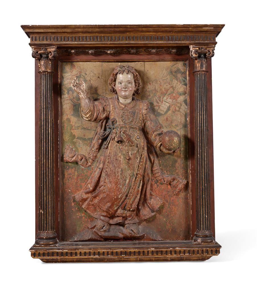 A 17TH CENTURY CARVED, POLYCHROME PAINTED RELIEF PANEL 'SALVATOR MUNDI' - PROBABLY SPANISH