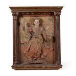 A 17TH CENTURY CARVED, POLYCHROME PAINTED RELIEF PANEL 'SALVATOR MUNDI' - PROBABLY SPANISH