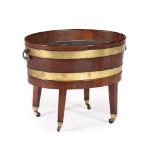 A GEORGE III MAHOGANY AND BRASS BOUND WINE COOLER ON STAND, SECOND HALF 18TH CENTURY