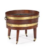 A GEORGE III MAHOGANY AND BRASS BOUND WINE COOLER ON STAND, SECOND HALF 18TH CENTURY