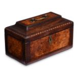 Y A GEORGE II BURR ELM, ROSEWOOD AND CHEVRON BANDED TEA CADDY, CIRCA 1745