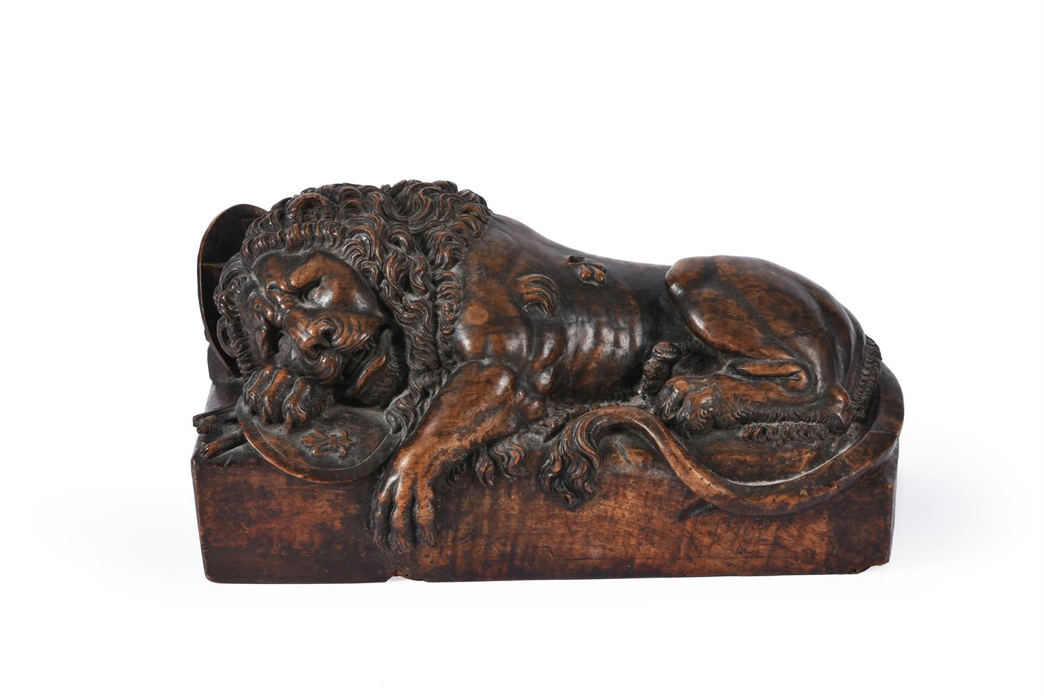 AFTER BERTEL THORVALDSEN, A CARVED WOOD MODEL OF THE LION OF LUCERNE, 19TH CENTURY