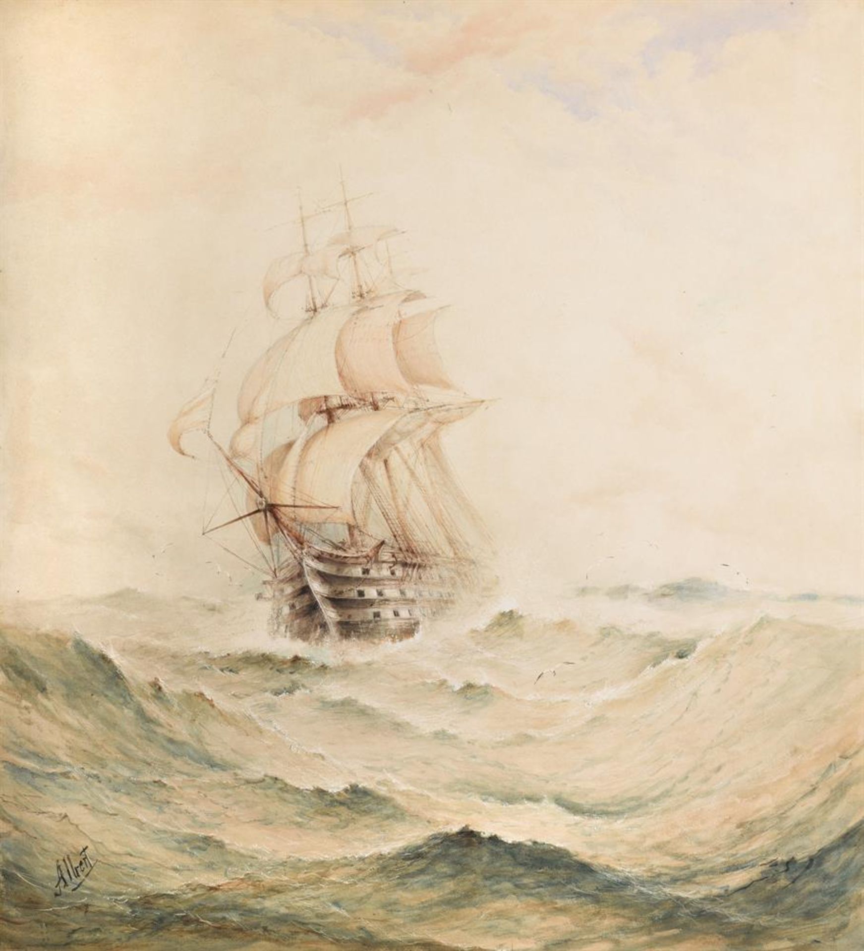 Albert Ernest Markes (British 1865-1901), 'Man-o-War in a choppy sea'