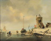 λ Albert Herkelman (Dutch b. 1945), A frozen riverscape with windmill beyond