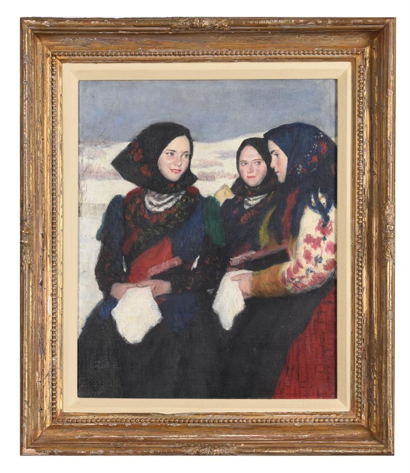 λ Oszkár Glatz (Hungarian 1872-1958), Three Hungarian girls in traditional dress - Bild 2 aus 3