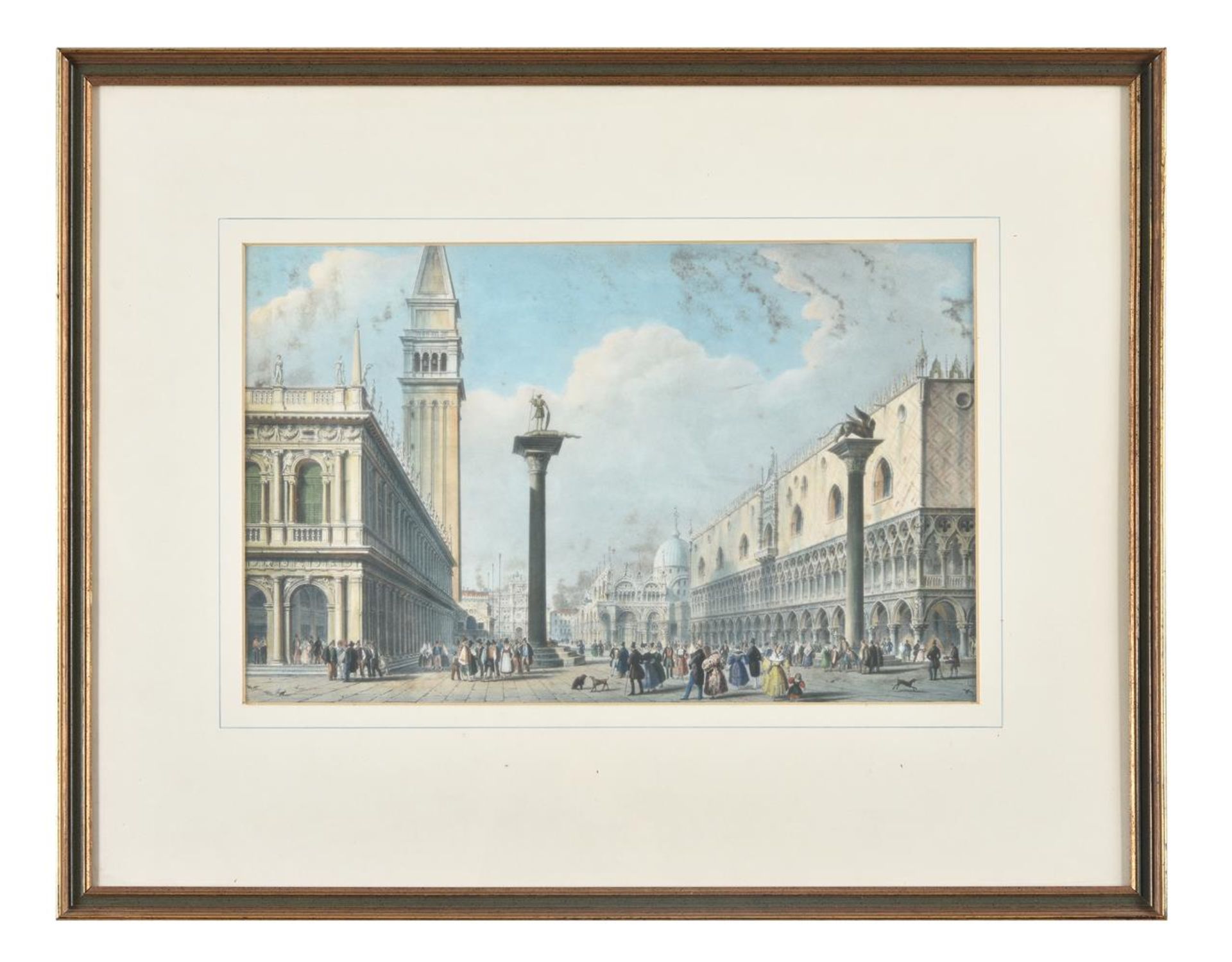 A pair of prints of Venetian views, hand-coloured, depicting the Rialto Bridge and St. Mark's Square - Bild 2 aus 3