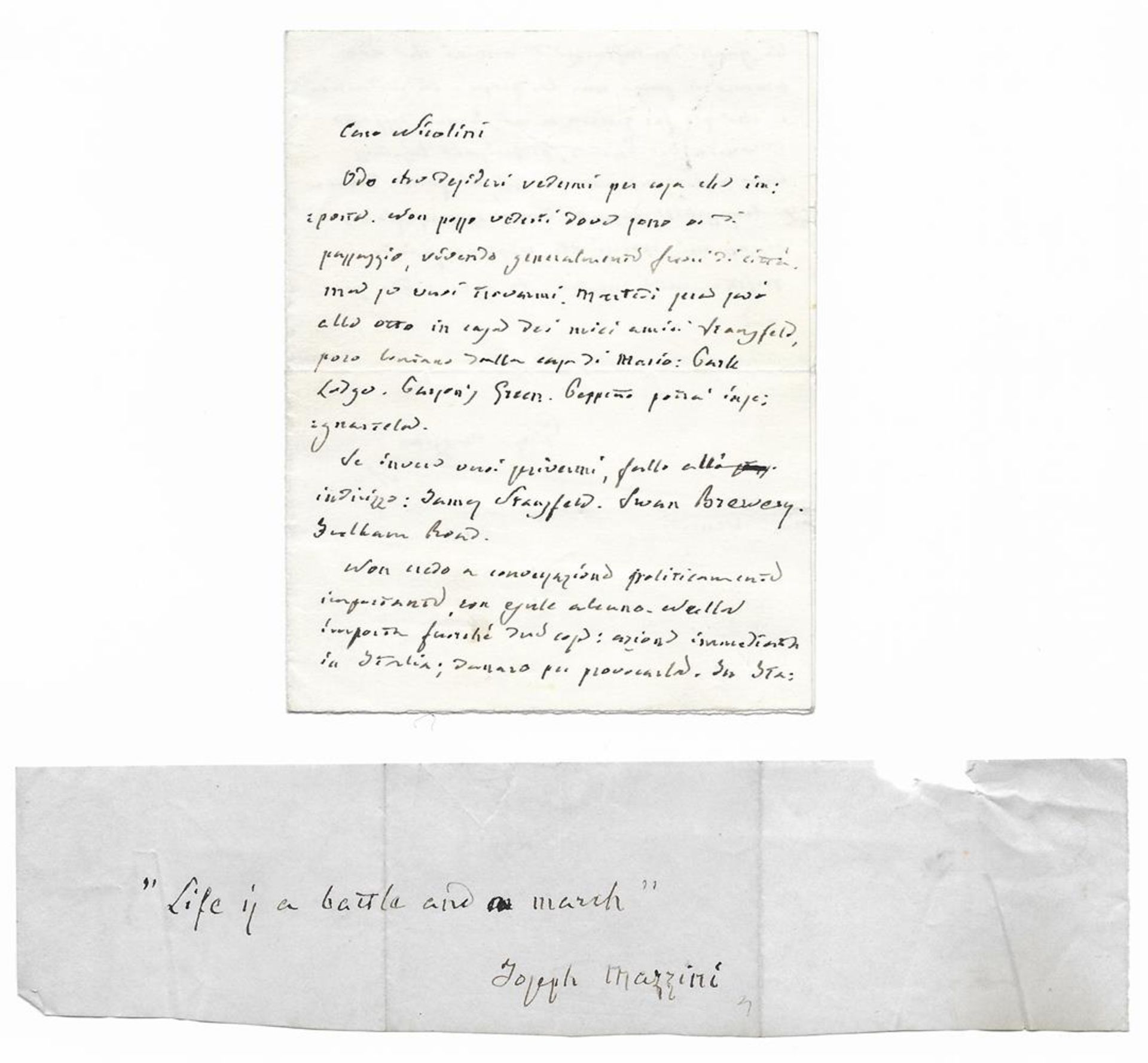 Giuseppe Mazzini (1805-1872), an autograph quotation ('Life is a battle and a march')