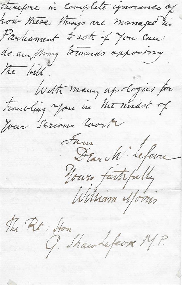 William Morris (1834-1896), a letter signed to John Lefevre about an environmental issue - Image 3 of 3