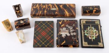 Y Late Victorian boxes to include a tortoiseshell and white metal inlaid visiting card case