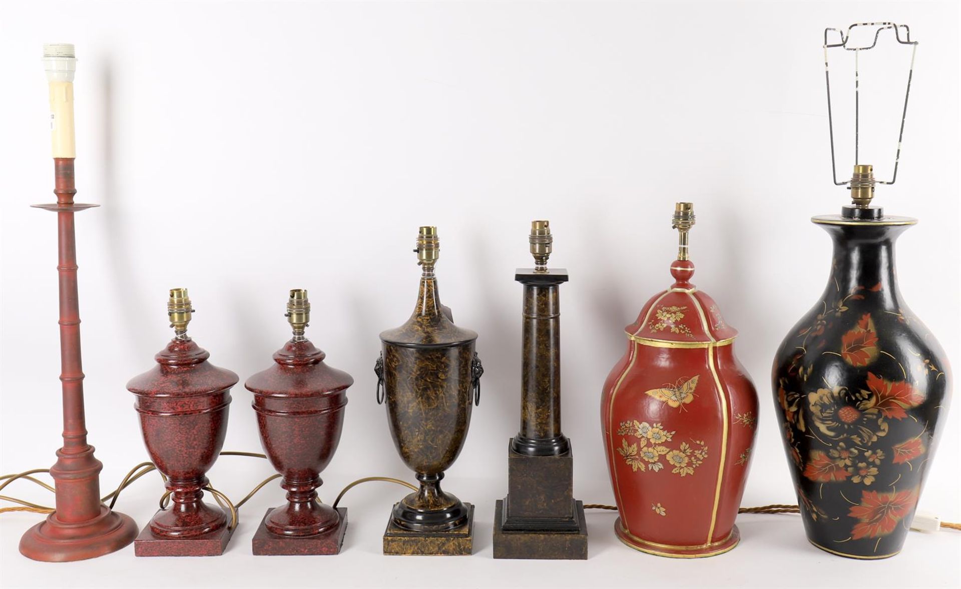 A group of various table lamps in the manner of 19th century toleware