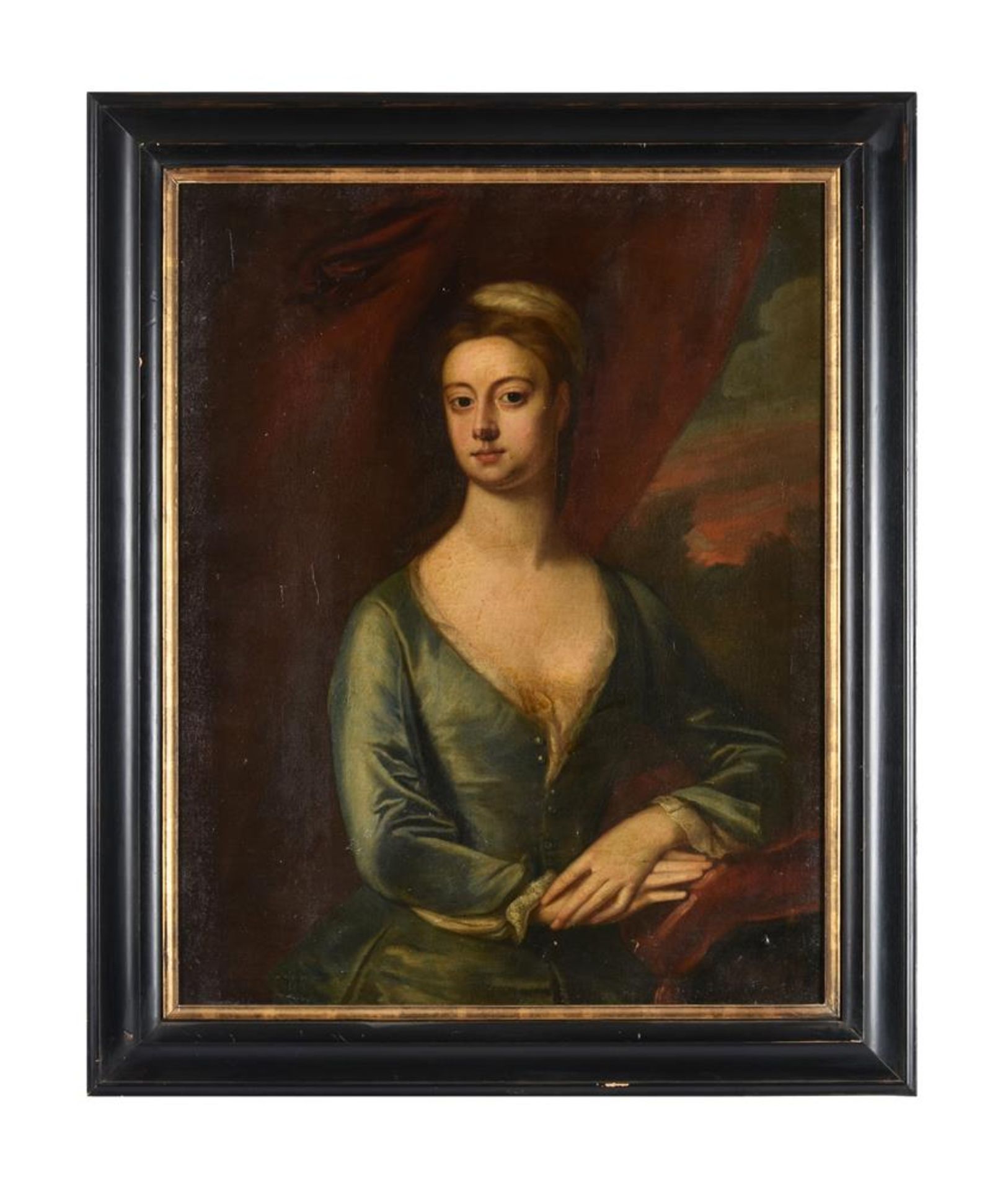 English School (18th century), Portrait of a lady in a blue satin dress - Image 2 of 3