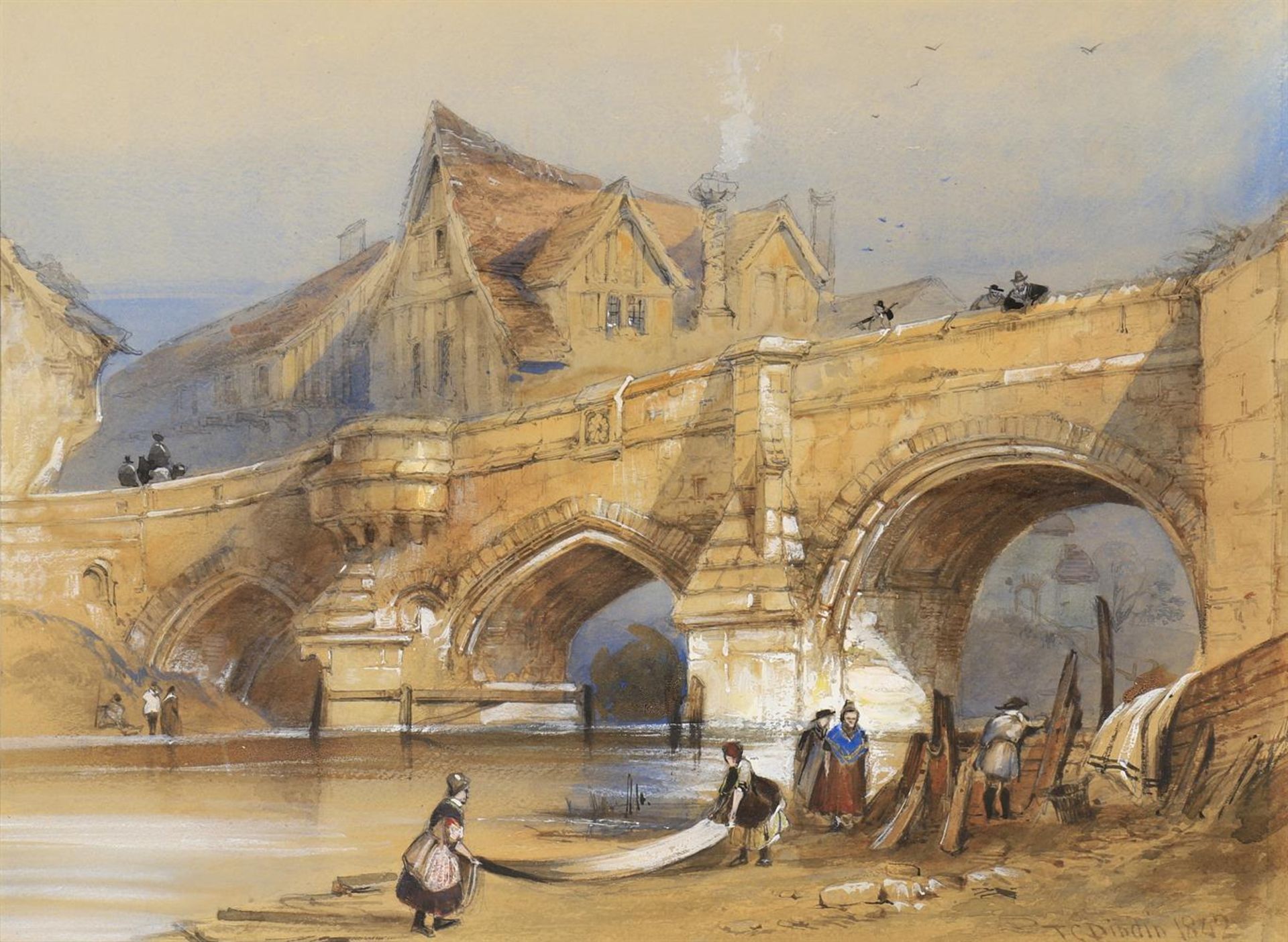 Thomas Colman Dibdin (British 1810-1893), Figures beside a river, with a bridge beyond