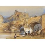 Thomas Colman Dibdin (British 1810-1893), Figures beside a river, with a bridge beyond