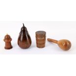 Y Four items of treen including an early Victorian turned treen silver tot cup holder