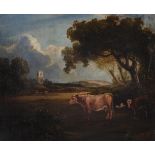 British School (19th century), Cows in a landscape with a church tower beyond