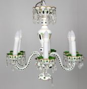 A Bohemian flash cut and floral painted 6 light green and opaque white glass chandelier
