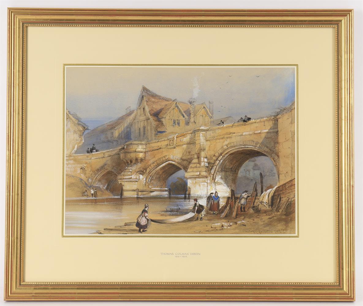 Thomas Colman Dibdin (British 1810-1893), Figures beside a river, with a bridge beyond - Image 2 of 3