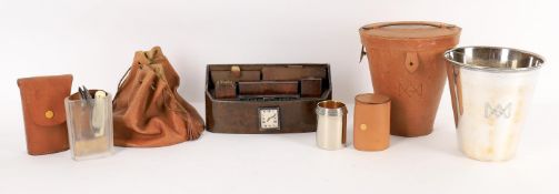 Gentleman's picnic/motoring ware including leather cased set of two plated wine coolers by Zurcher