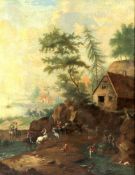Dutch School (17th century), Figures cavorting in a wooded river landscape