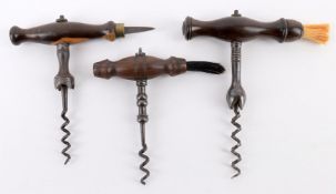 Three various 19th century hardwood handled straight pull corkscrews